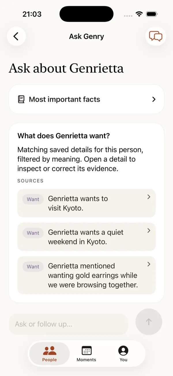 The Ask Genry screen answering “What does Genrietta want?”, with a list of source notes beneath the answer.