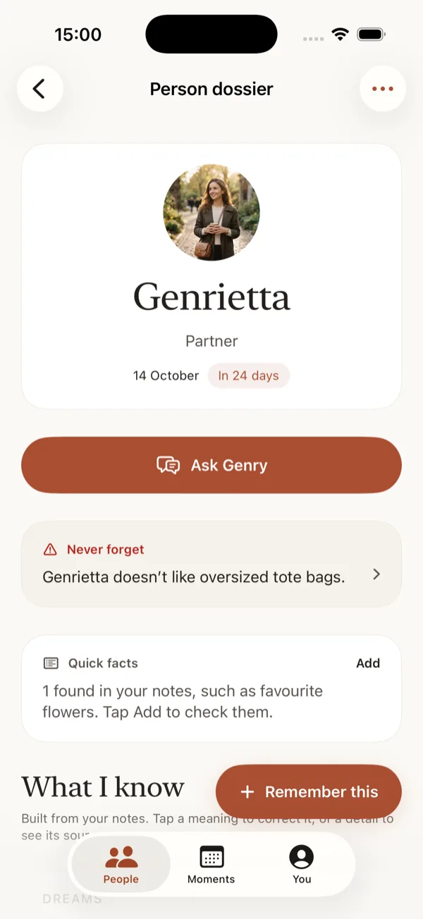 A person dossier in Genry, showing an Ask Genry button, a “Never forget” note, quick facts, and a “What I know” section built from saved notes.