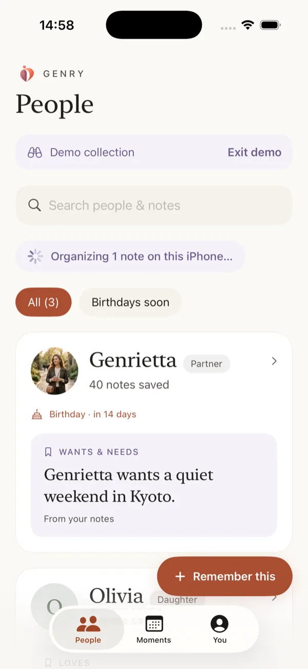Genry on iPhone: a People list with a banner reading “Organizing 1 note on this iPhone”, and a saved detail below a person’s name.
