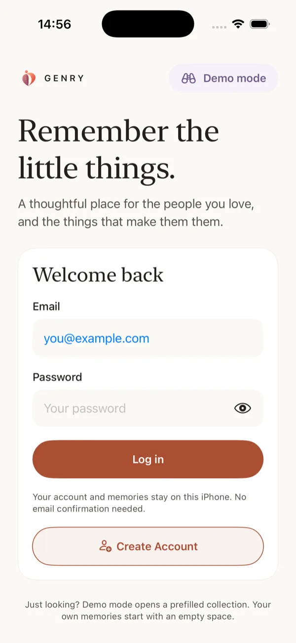 Genry’s welcome screen, offering a local account that stays on the iPhone, and a demo collection.